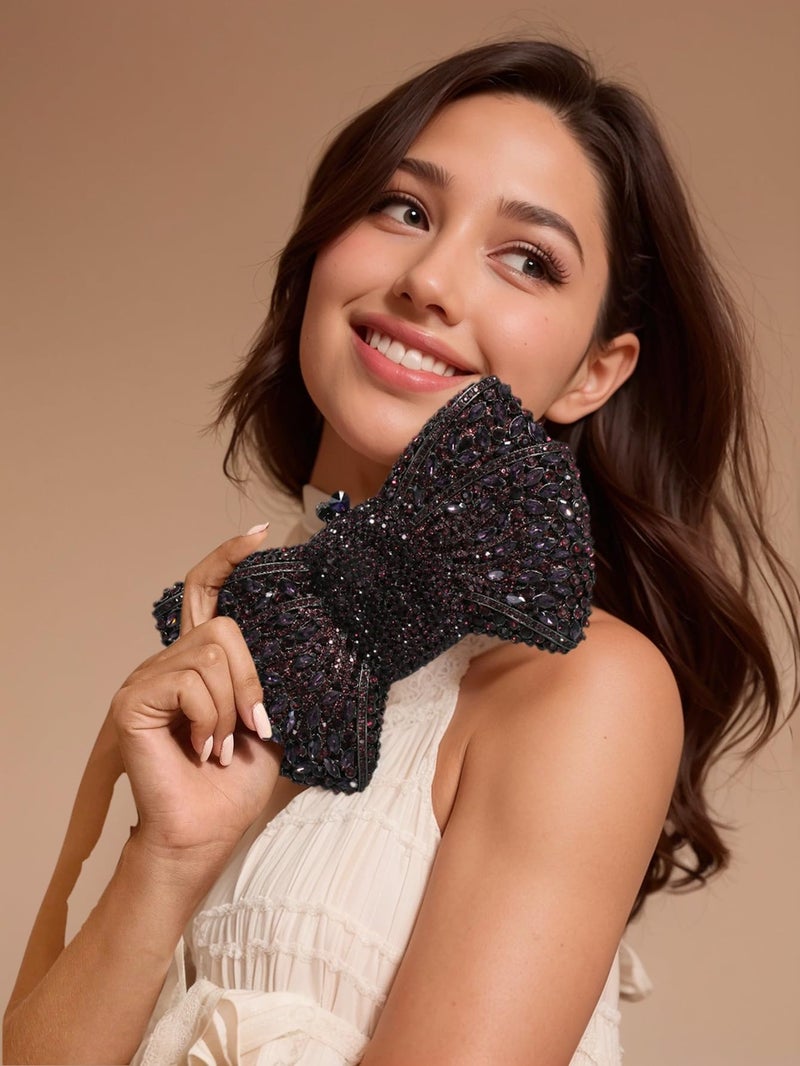 Tngan Women Luxury Bowknot Shaped Evening Clutch Sparkling Rhinestones Handbag for Banquet Wedding Party, A-purple - Image 3