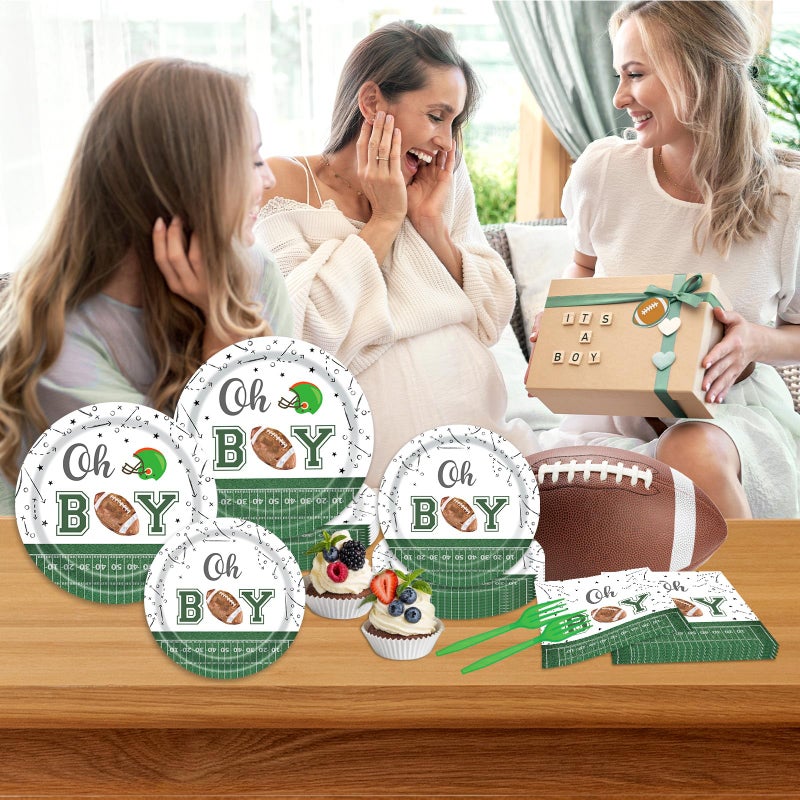 Utolily 96 Pcs Football Baby Shower Plates Set Football Themed Oh Boy Party Supplies Serves 24 Tableware Include Disposable Plates Napkin Forks for Boy - Image 5