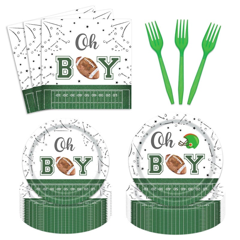 Utolily 96 Pcs Football Baby Shower Plates Set Football Themed Oh Boy Party Supplies Serves 24 Tableware Include Disposable Plates Napkin Forks for Boy - Image 1