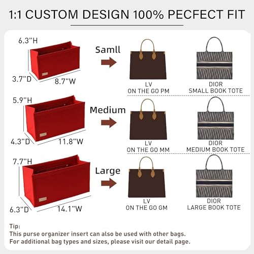 OAikor Tote Bag Organizer Insert For LV On The Go MM and Dior Medium Book Tote Bag,Premium Felt Lightweight Purse Organizer Insert,Bags Shaper Purse Accessories with Zipper,MM,Red - Image 2