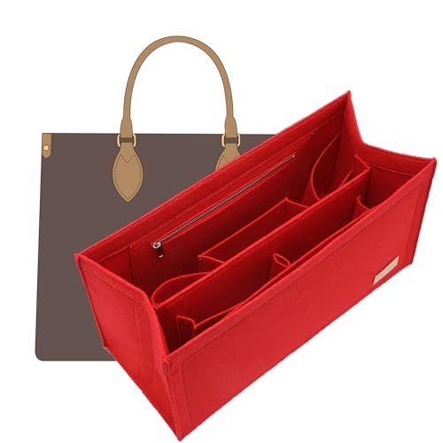 OAikor Tote Bag Organizer Insert For LV On The Go MM and Dior Medium Book Tote Bag,Premium Felt Lightweight Purse Organizer Insert,Bags Shaper Purse Accessories with Zipper,MM,Red - Image 1