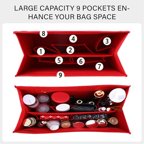 OAikor Tote Bag Organizer Insert For LV On The Go MM and Dior Medium Book Tote Bag,Premium Felt Lightweight Purse Organizer Insert,Bags Shaper Purse Accessories with Zipper,MM,Red - Image 4