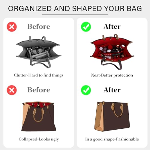 OAikor Tote Bag Organizer Insert For LV On The Go MM and Dior Medium Book Tote Bag,Premium Felt Lightweight Purse Organizer Insert,Bags Shaper Purse Accessories with Zipper,MM,Red - Image 3