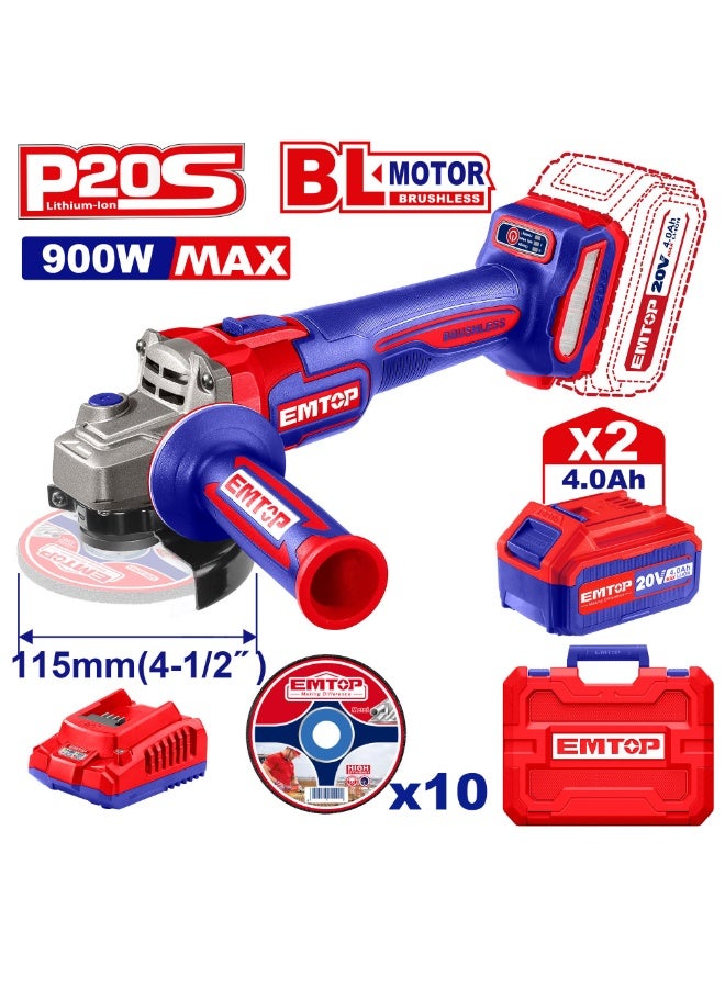 EMTOP Professional Cordless Angle Grinder and Cutter - Brushless Motor, 4.0Ah Batteries, and Charger - 20V - Image 4