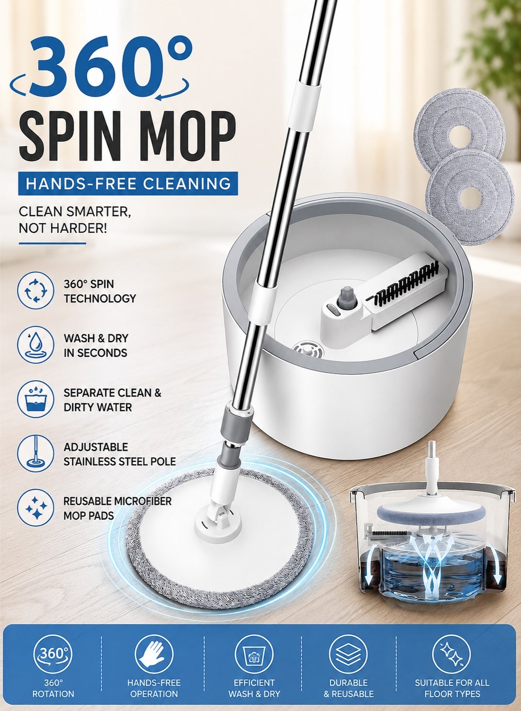 NextWave Spin Mop & Bucket Set with 360° Rotating Head – Microfiber Floor Mop with Self-Separating Clean & Dirty Water System, Easy Wring Design for Home, Kitchen & Bathroom Cleaning