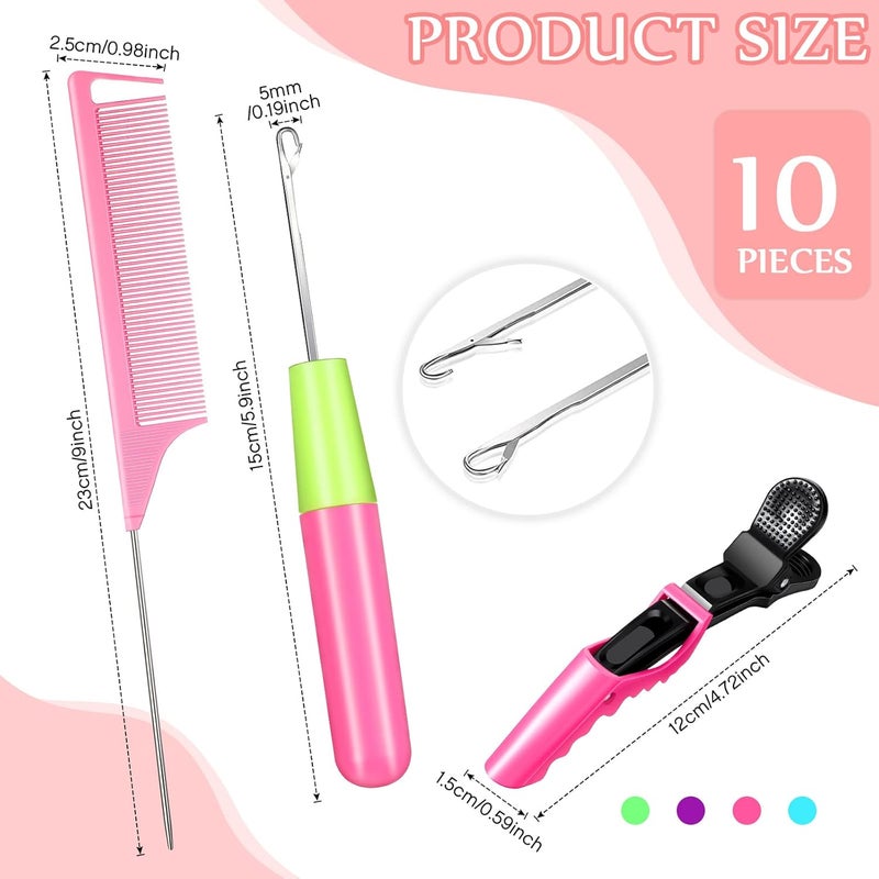 Luinabio 10 Pieces Latch Hook Crochet Sets, Include 3 Pieces Stainless Steel Bent Hook Crochet Needle 4 Pieces Alligator Styling Sectioning Clips 3 Pieces Rat Tail Comb Steel Teasing Combs for Hair Extension - Image 2