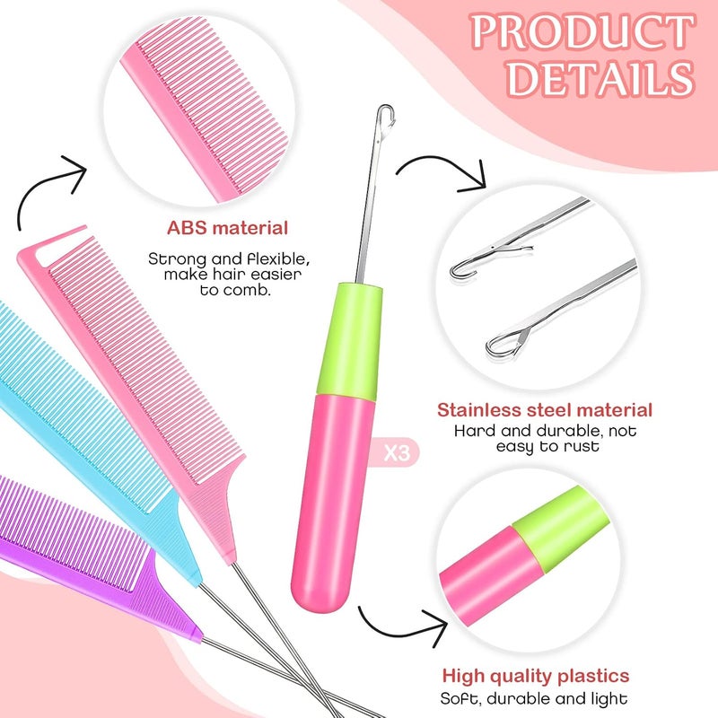 Luinabio 10 Pieces Latch Hook Crochet Sets, Include 3 Pieces Stainless Steel Bent Hook Crochet Needle 4 Pieces Alligator Styling Sectioning Clips 3 Pieces Rat Tail Comb Steel Teasing Combs for Hair Extension - Image 5