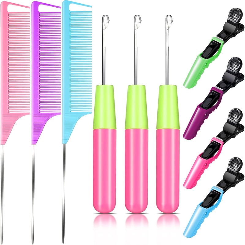 Luinabio 10 Pieces Latch Hook Crochet Sets, Include 3 Pieces Stainless Steel Bent Hook Crochet Needle 4 Pieces Alligator Styling Sectioning Clips 3 Pieces Rat Tail Comb Steel Teasing Combs for Hair Extension - Image 1