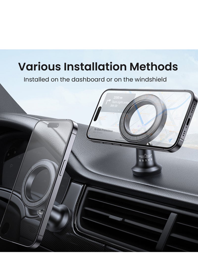Brave - Magnetic Car Mount [N52H Strong Magnets] - Universal Car Dashboard Phone Holder, Secure Magnetic Mount for iPhone 16 Pro Max / 16 Pro / 16 Plus / 15 / 14 / 13 Mini and Samsung Galaxy S25 / S24 / S23 / S22 - Adjustable, Hands-Free, Easy to Install, Stable Hold for All Car Types - Image 1