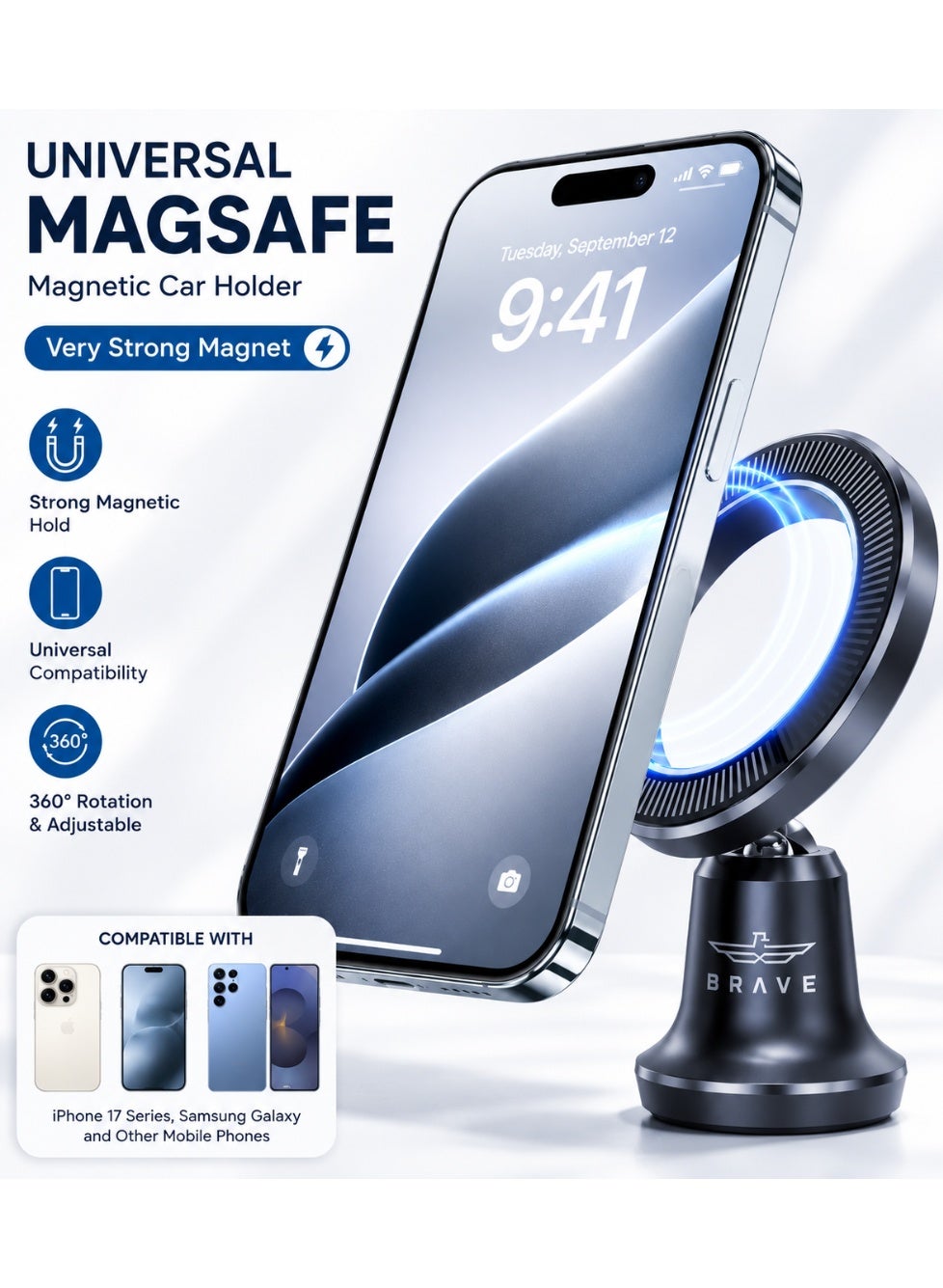 MagSafe Magnetic Car Phone Holder – N52 Strong Magnetic Car Mount for Dashboard & Windshield, 360° Rotation Adjustable Phone Holder with Powerful Secure Grip, Hands-Free Driving Mount Compatible with iPhone Air / iPhone 17 / 16 / 15 / 14 / 13 Series, Samsung Galaxy S25 / S24 / S23 Series, Xiaomi, Huawei, Google Pixel, OnePlus, Oppo, Vivo & All Smartphones – Magnetic Car Mount for Cars (Black)