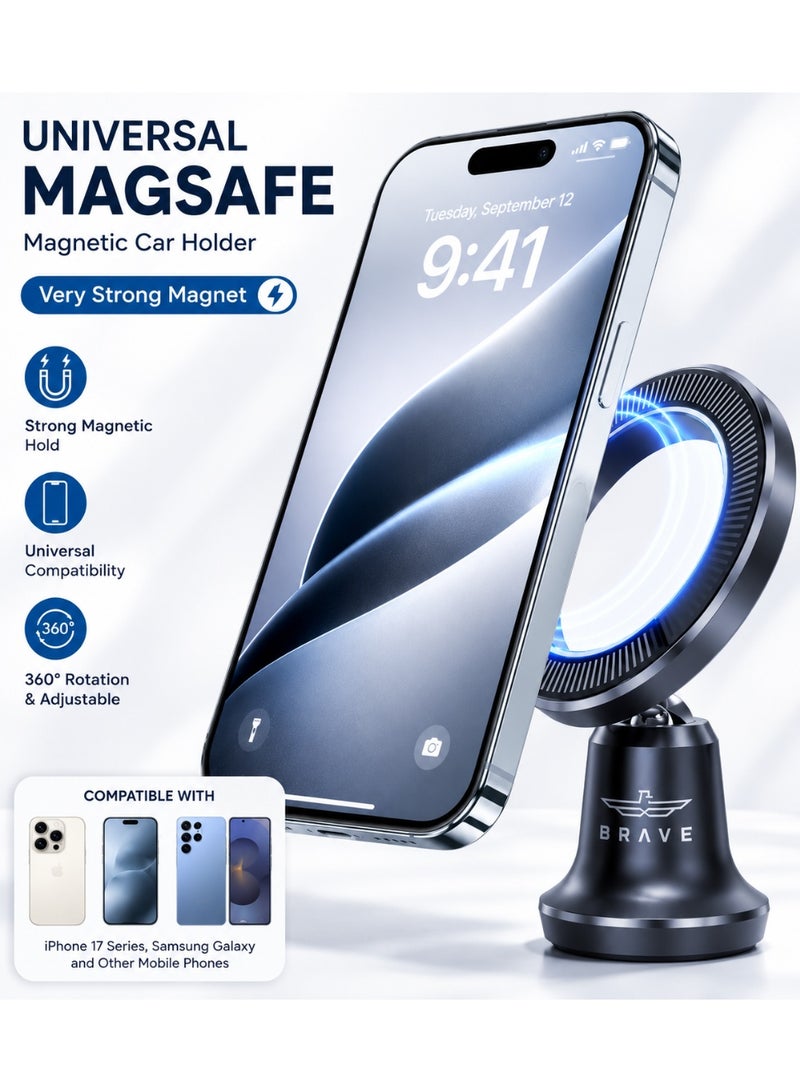 Brave MagSafe Magnetic Car Phone Holder – N52 Strong Magnetic Car Mount for Dashboard & Windshield, 360° Rotation Adjustable Phone Holder with Powerful Secure Grip, Hands-Free Driving Mount Compatible with iPhone Air / iPhone 17 / 16 / 15 / 14 / 13 Series, Samsung Galaxy S25 / S24 / S23 Series, Xiaomi, Huawei, Google Pixel, OnePlus, Oppo, Vivo & All Smartphones – Magnetic Car Mount for Cars (Black) - Image 1