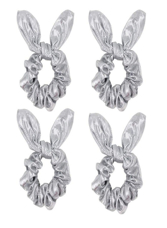 KINFENE 4 Pack Metallic PU Leather Hair Bows Gold or Silver Bright Hair Scrunchies Hair Bobbles Elastics Ponytail Holders Hair Wrist Ties Bands Scrunchies for School Show Gym Dance Party Club Girl (Silver) - Image 1