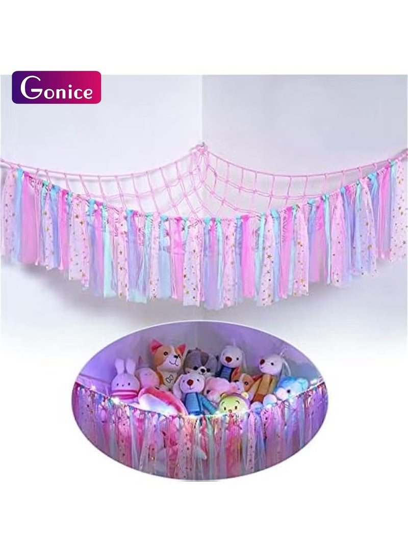 جونيس شبكة حيوانات محشوة او ارجوحة مع ضوء LED، ارجوحة معلقة لتخزين وتنظيم وتخزين الحيوانات المحشوة، ديكور الغرفة مع شراشيب لغرفة الاطفال وغرفة اللعب وغرفة نوم الاطفال، من مايكينج تيك، زهري، قطن - Image 1