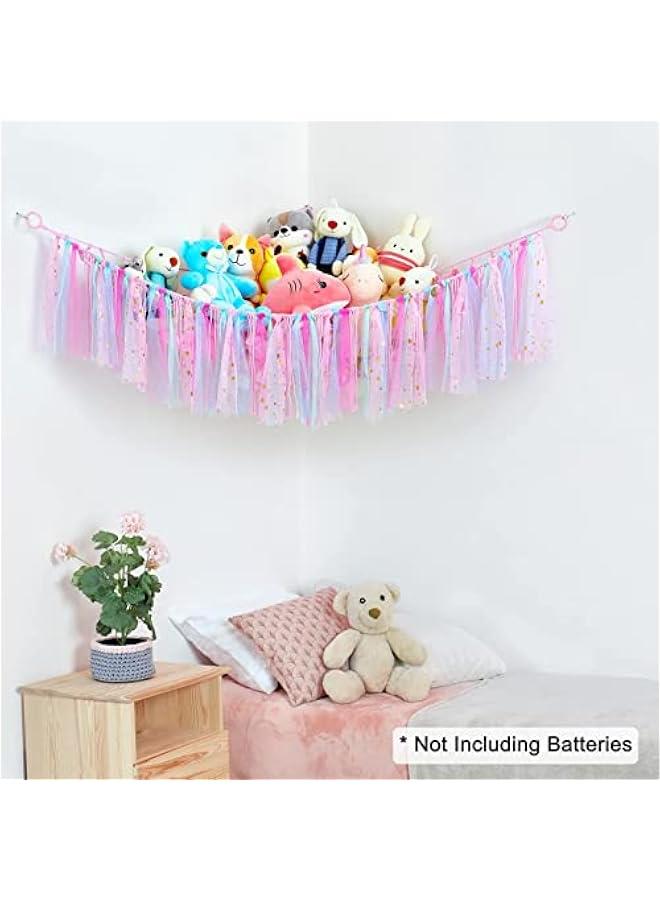 جونيس شبكة حيوانات محشوة او ارجوحة مع ضوء LED، ارجوحة معلقة لتخزين وتنظيم وتخزين الحيوانات المحشوة، ديكور الغرفة مع شراشيب لغرفة الاطفال وغرفة اللعب وغرفة نوم الاطفال، من مايكينج تيك، زهري، قطن - Image 3