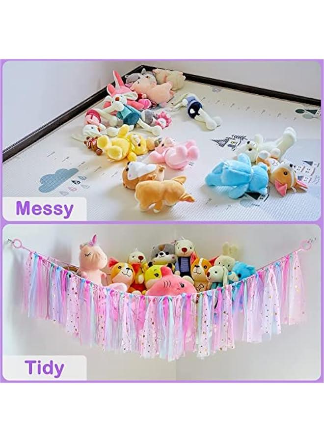 جونيس شبكة حيوانات محشوة او ارجوحة مع ضوء LED، ارجوحة معلقة لتخزين وتنظيم وتخزين الحيوانات المحشوة، ديكور الغرفة مع شراشيب لغرفة الاطفال وغرفة اللعب وغرفة نوم الاطفال، من مايكينج تيك، زهري، قطن - Image 4