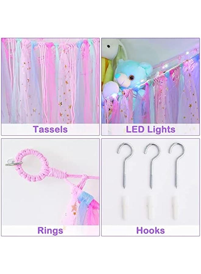 جونيس شبكة حيوانات محشوة او ارجوحة مع ضوء LED، ارجوحة معلقة لتخزين وتنظيم وتخزين الحيوانات المحشوة، ديكور الغرفة مع شراشيب لغرفة الاطفال وغرفة اللعب وغرفة نوم الاطفال، من مايكينج تيك، زهري، قطن - Image 5