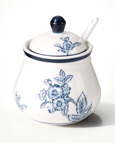 Magclay Ceramic Sugar Bowl with Lid and Spoon, 11Oz Sugar Container for Coffee Bar, Blue and White Sugar Jar/Dispenser, Flowers and Branches - Image 1