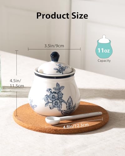 Magclay Ceramic Sugar Bowl with Lid and Spoon, 11Oz Sugar Container for Coffee Bar, Blue and White Sugar Jar/Dispenser, Flowers and Branches - Image 2