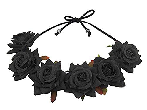 Floral Fall Rose Red Rose Flower Crown Woodland Hair Wreath Festival Headband F-67 (Black) - Image 2