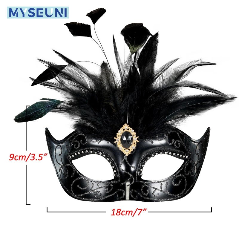 MYSEUNI 2025 Black Masquerade Masks for Women with Feathers- Womens Venetian Mask for Masquerade Ball Halloween - Image 5
