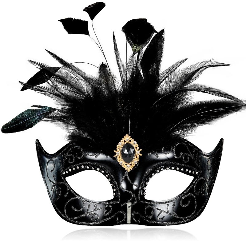 MYSEUNI 2025 Black Masquerade Masks for Women with Feathers- Womens Venetian Mask for Masquerade Ball Halloween - Image 1