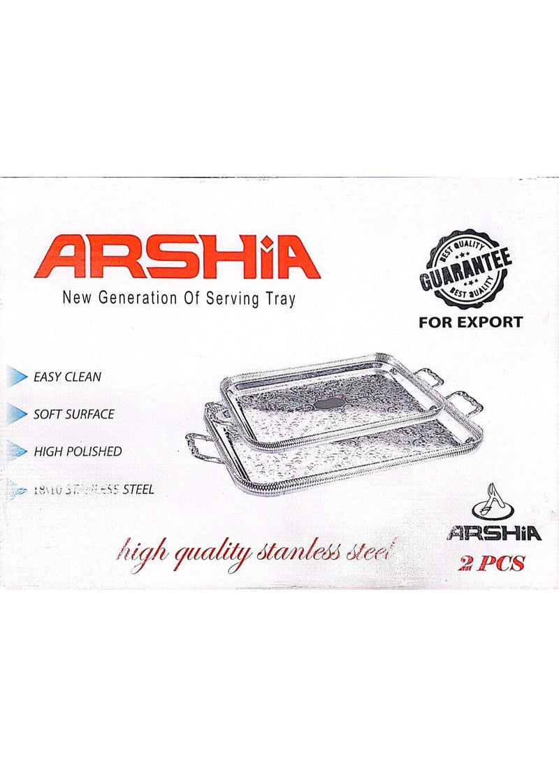 Arshia Arshia 2-Piece Stainless Steel Decorated Serving Tray Set with Handle, Silver  - Image 1
