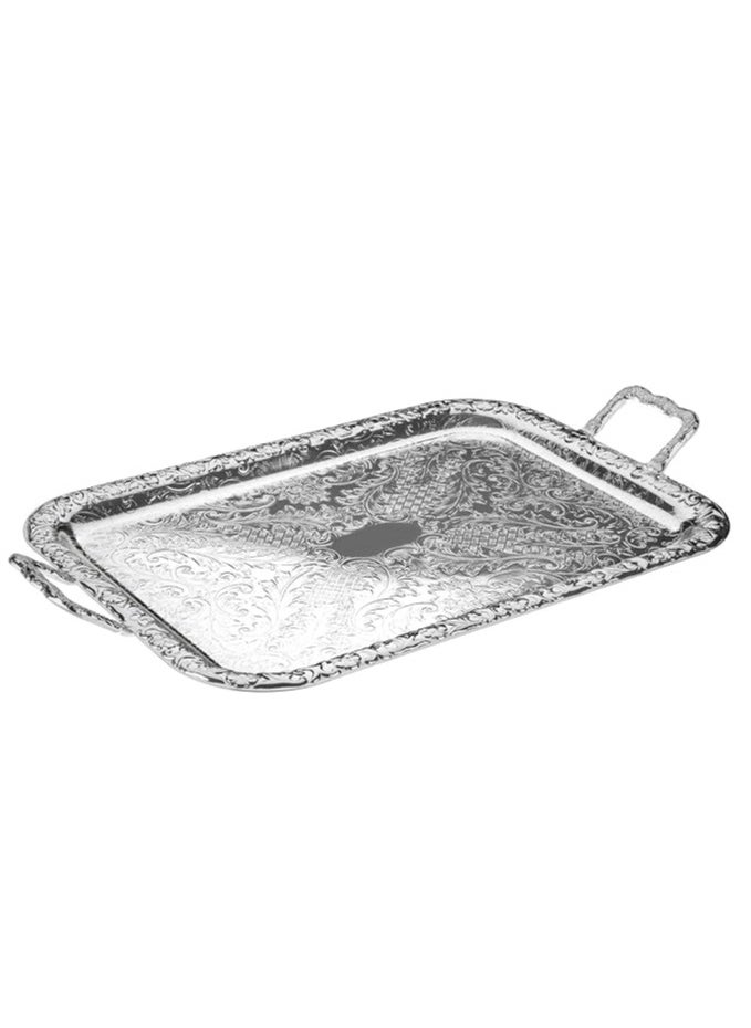 Arshia Arshia 2-Piece Stainless Steel Decorated Serving Tray Set with Handle, Silver  - Image 3