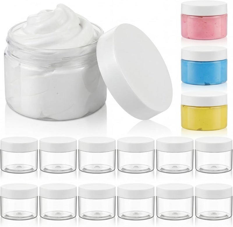 Patelai 16 Pieces Round Clear Leak Proof Plastic Container Jar with Lid Plastic Slime Jar Empty Slime Storage Container Refillable Storage Favor Jar for Travel Cosmetic Lotion Creams (White,60 ml/ 2 oz) - Image 1