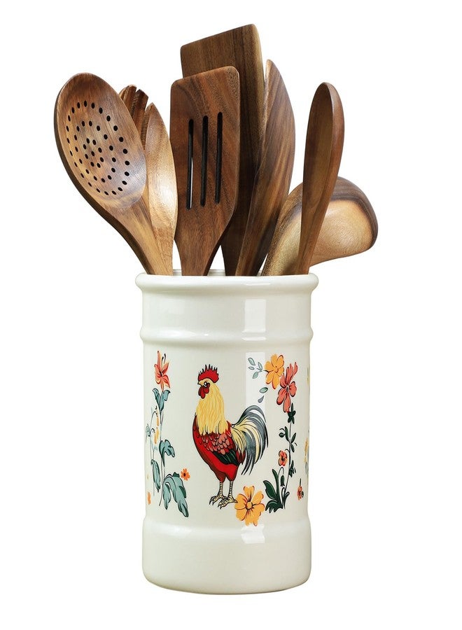 Bicuzat Ceramic Rural Rooster Pattern Kitchen Utensil Holder, Large Cooking Utensil Crocks, Ceramic Utensil Organizer for Spatula, Kitchen, Home Decoration - Image 1