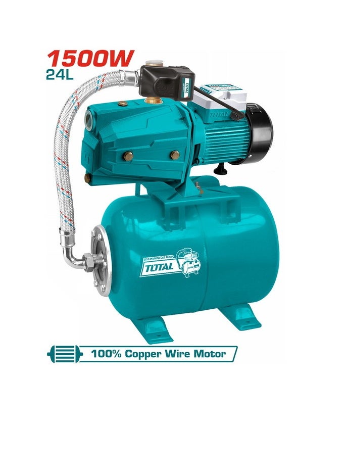 TOTAL TOTAL Water Pump 1"x1", 1.5kW (1500W) - TWP415006 Automatic Self-Priming Jet Pump, Max Flow 100L/min, Max Head 60m, 2.0HP, Includes Pressure Switch, Cylindrical Tank, Stainless Steel Hose, and Pressure Gauge  - Image 1