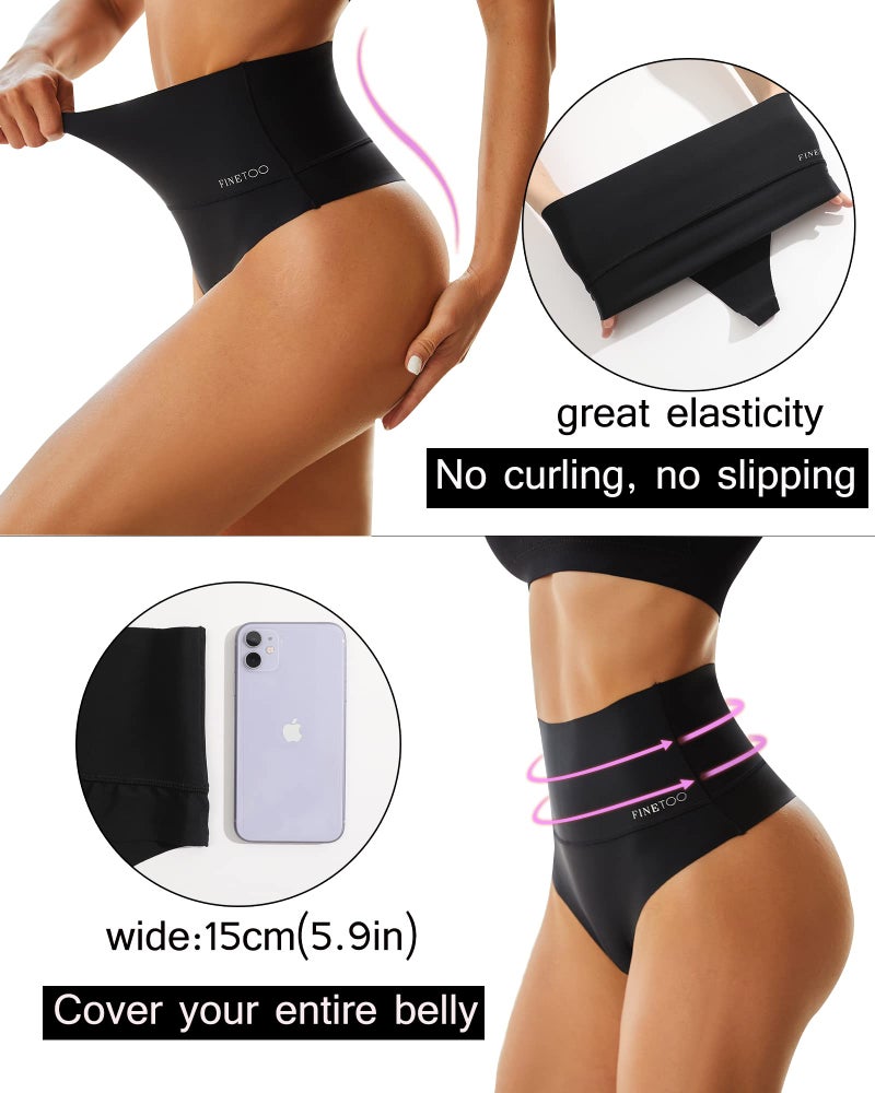 FINETOO High Waisted Thongs for Women Tummy Control Underwear Soft Nylon Stretchy No Show High Rise Thong Panties 4 Pack - Image 2