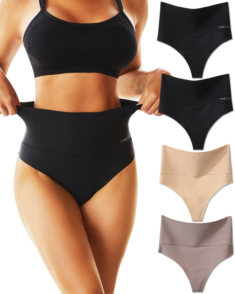 FINETOO High Waisted Thongs for Women Tummy Control Underwear Soft Nylon Stretchy No Show High Rise Thong Panties 4 Pack - Image 4