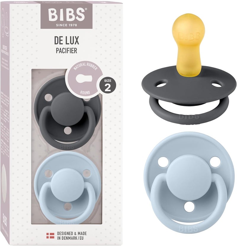 BIBS Pacifiers - De Lux Collection | BPA-Free Baby Pacifier | Made in Denmark | Set of 2 Iron/Baby Blue Color Premium Soothers | Size 6-18 Months - Image 1