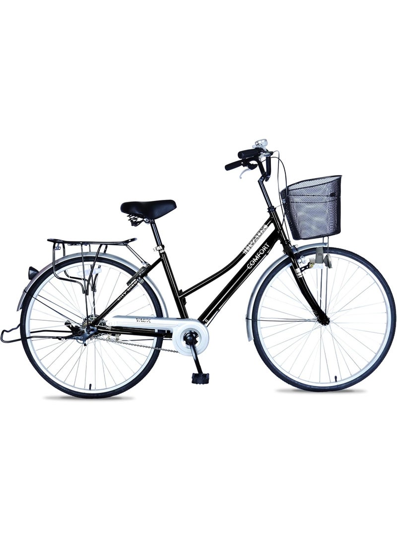 Vaux Comfort City Cruiser Bike || 26 Inch Wheel Size || For Adults || Adjustable Seat || Sturdy Steel Frame || Front Basket || Back Carrier || Black - Image 1