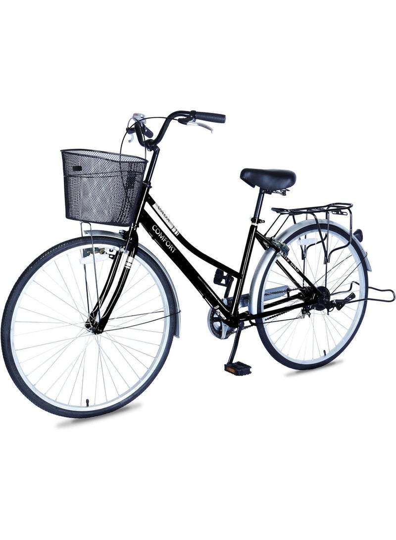 Vaux Comfort City Cruiser Bike || 26 Inch Wheel Size || For Adults || Adjustable Seat || Sturdy Steel Frame || Front Basket || Back Carrier || Black - Image 2