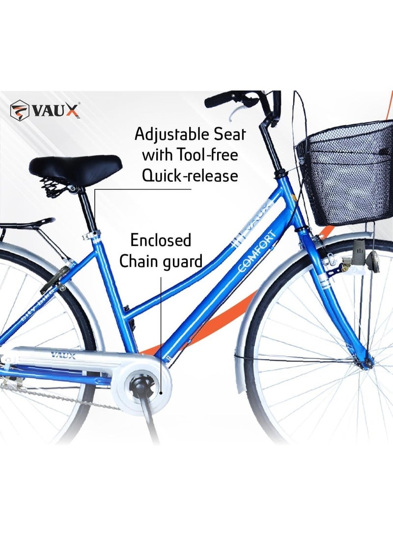 Vaux Comfort City Cruiser Bike || 26 Inch Wheel Size || For Adults || Adjustable Seat || Sturdy Steel Frame || Front Basket || Back Carrier || Black - Image 5