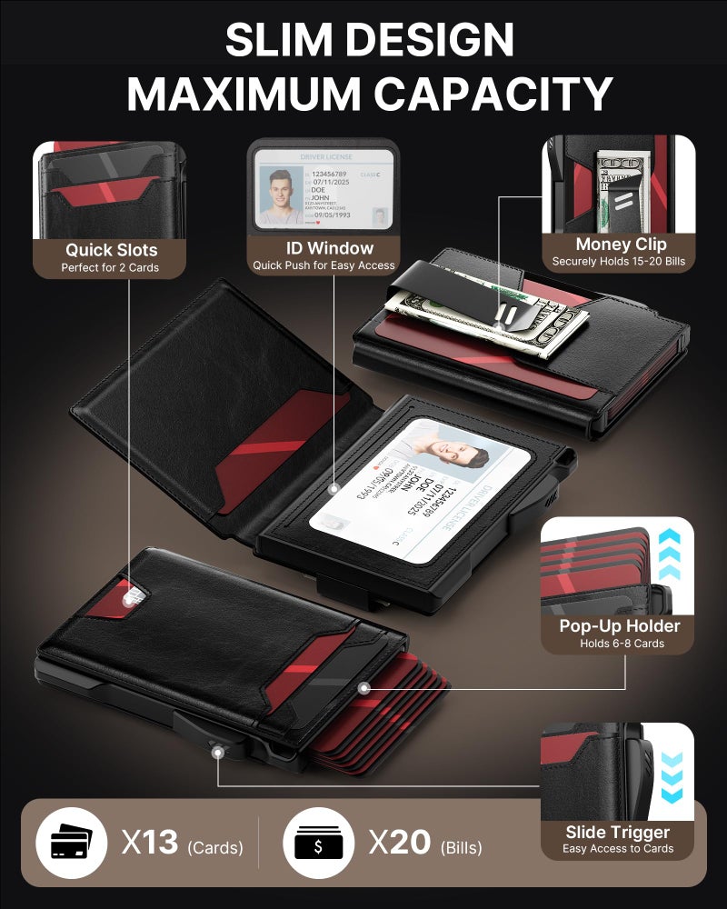 typecase Wallet for Men: Rfid Blocking Wallet 9-13 Card Capacity with Money Clip Slim Leather Front Pocket Smart Pop Up Card Case Bifold Minimalist Wallet with Gift Box - Atlanta Black - Image 2