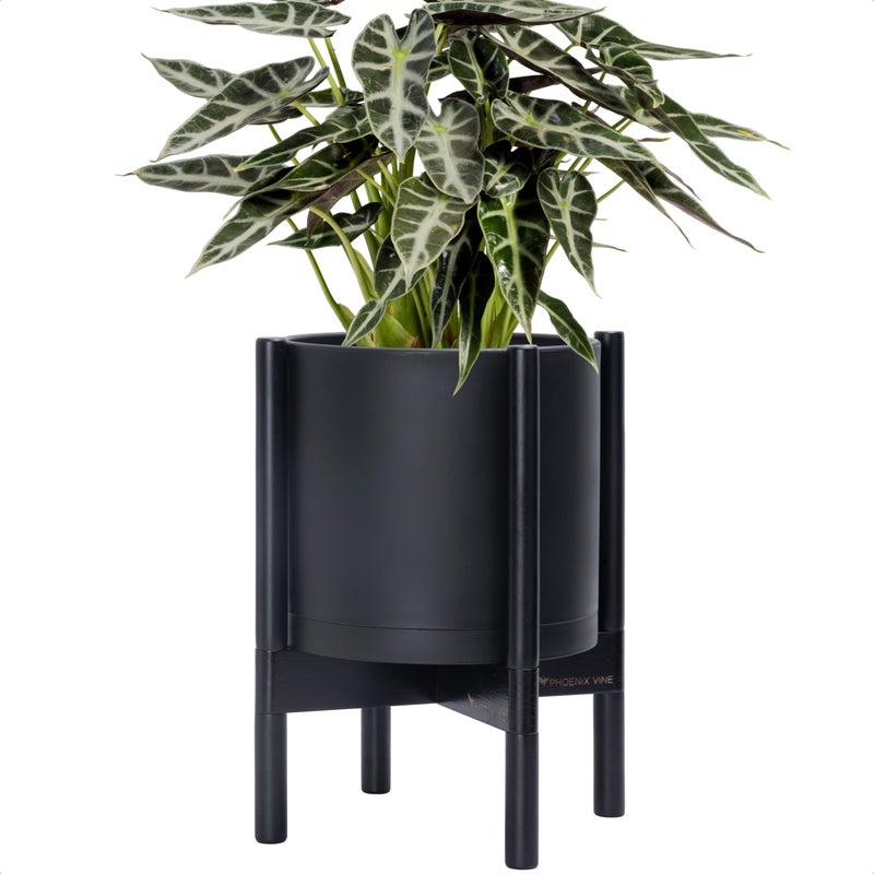 D'vine Dev Planter Pot with Stand - 10 Inch Plastic Cylinder Flower Pot with Wood Planter Holder for Indoor, Matte Black Pot + Ebony Stand, 55-C-N-2 - Image 1