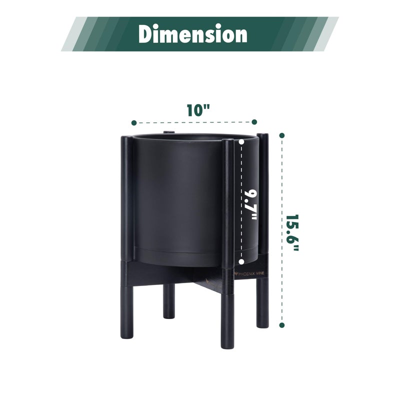 D'vine Dev Planter Pot with Stand - 10 Inch Plastic Cylinder Flower Pot with Wood Planter Holder for Indoor, Matte Black Pot + Ebony Stand, 55-C-N-2 - Image 3