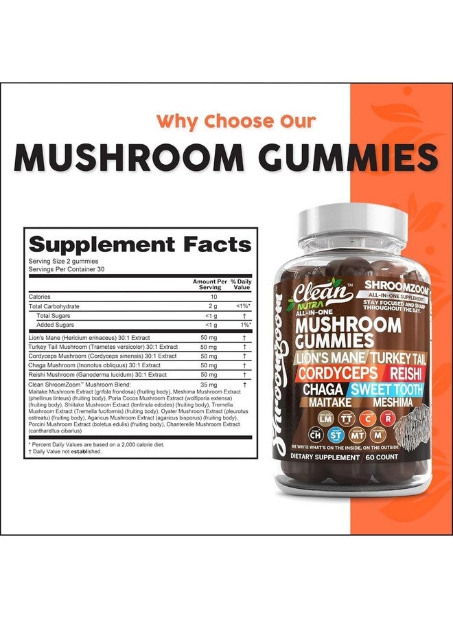 Clean Nutraceuticals 15 في 1 حلوى الفطر مع ذيل الأسد، ذيل الديك الرومي، كورديسيبس، ريشي، تشاجا، ميتاكي، ميشيما، بورتيا كوكوس، شيتاكي، تريملا، فطر المحار، أجاركوس للرجال والنساء، مكمل نظيف من نوترا - Image 3