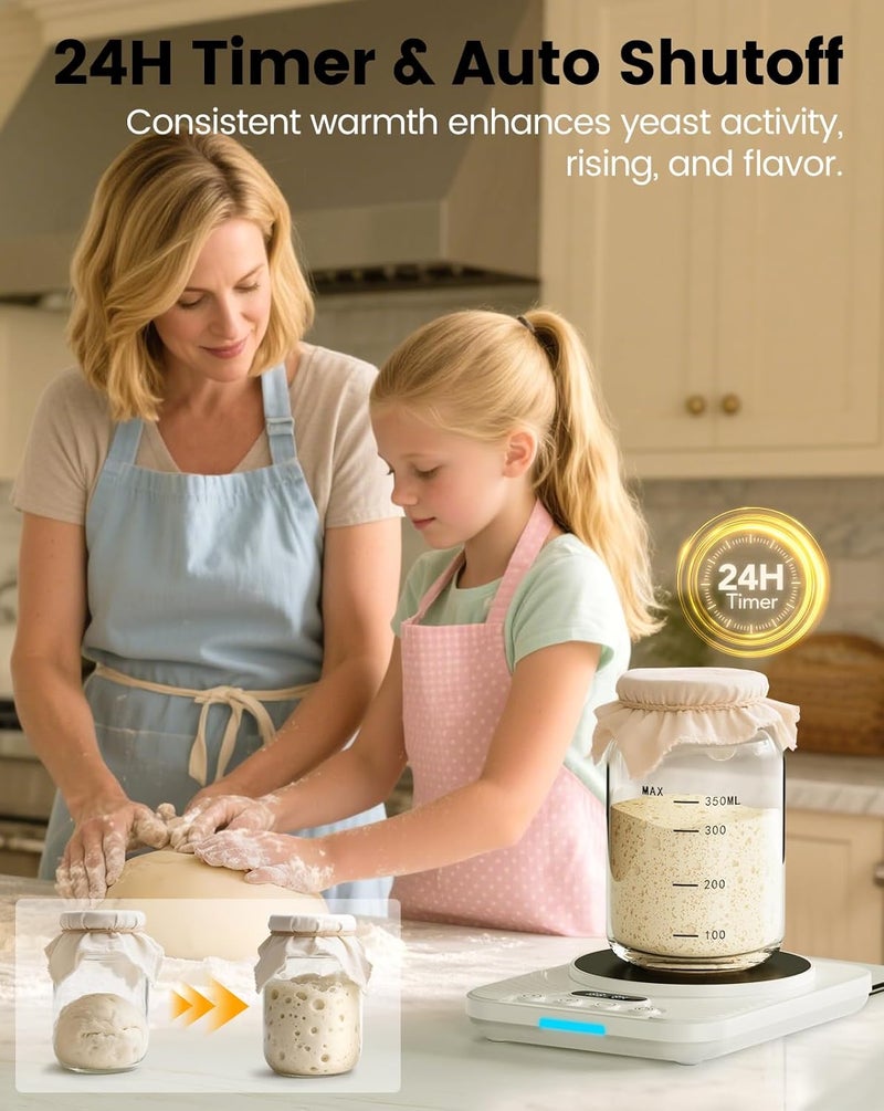 Coanto Sourdough Starter Warmer with 1°F Precision Thermostat - 24H Timer & Auto Shutoff, Compact Sourdough Warming Mat for Sourdough Starters, Yogurt, Pickles, Kombucha - Fits 16–40oz Jars - Image 3