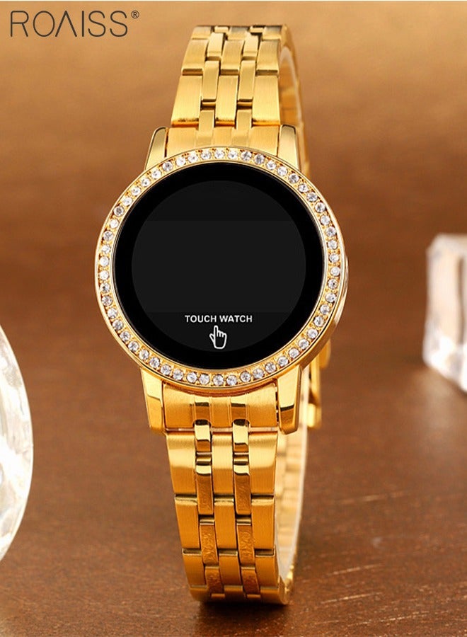 roaiss Women's Digital Touch Screen Watch Led Display Round Dial with Rhinestones Decorated Bezel Waterproof Luminous Stainless Steel Strap Wristwatch with Calendar Display, Gold - Image 2