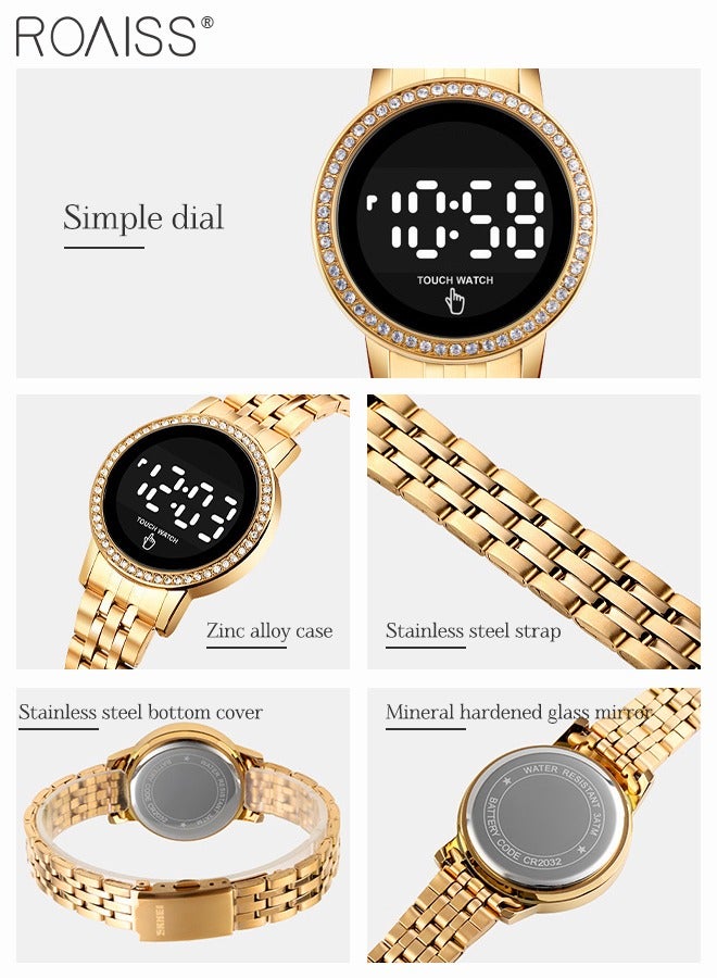 roaiss Women's Digital Touch Screen Watch Led Display Round Dial with Rhinestones Decorated Bezel Waterproof Luminous Stainless Steel Strap Wristwatch with Calendar Display, Gold - Image 4