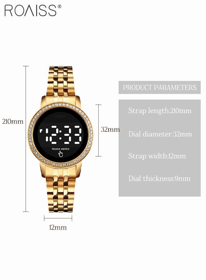 roaiss Women's Digital Touch Screen Watch Led Display Round Dial with Rhinestones Decorated Bezel Waterproof Luminous Stainless Steel Strap Wristwatch with Calendar Display, Gold - Image 5