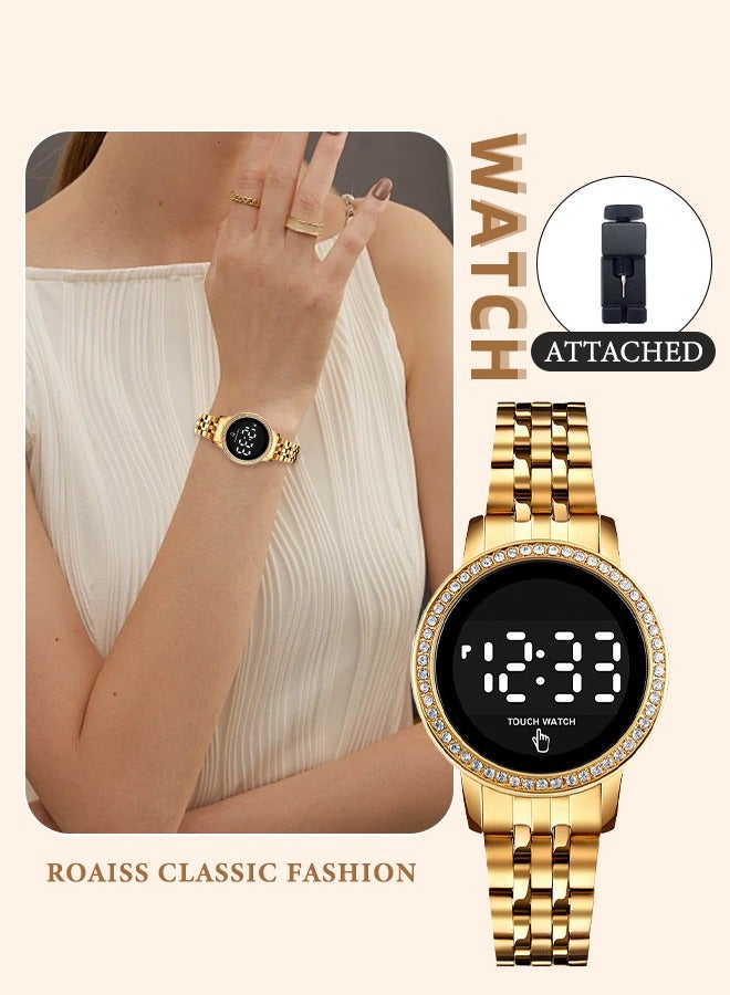 roaiss Women's Digital Touch Screen Watch Led Display Round Dial with Rhinestones Decorated Bezel Waterproof Luminous Stainless Steel Strap Wristwatch with Calendar Display, Gold - Image 1