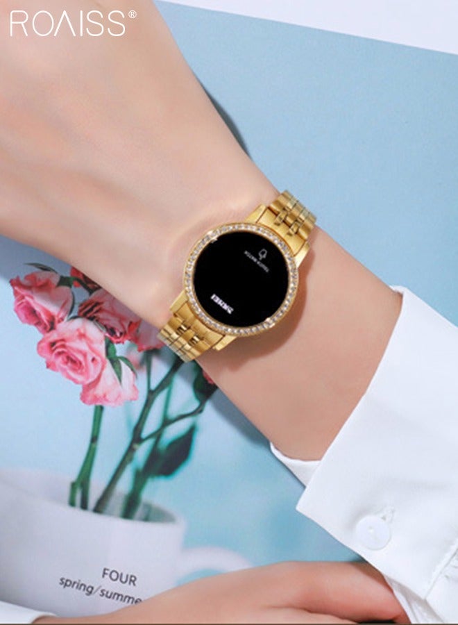 roaiss Women's Digital Touch Screen Watch Led Display Round Dial with Rhinestones Decorated Bezel Waterproof Luminous Stainless Steel Strap Wristwatch with Calendar Display, Gold - Image 3