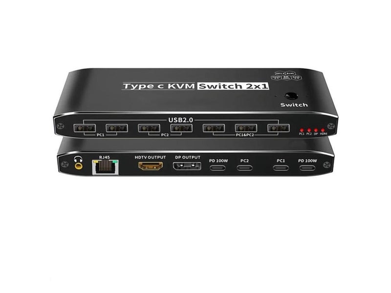 Microware مفتاح KVM نوع C 2x1، مفتاح KVM Thunderbolt 4 USB C بدقة 8K مع منفذ Ethernet RJ45 شحن 100W PD مفتاح KVM بدقة 4K 144Hz لمراقب واحد لجهازين كمبيوتر - Image 1