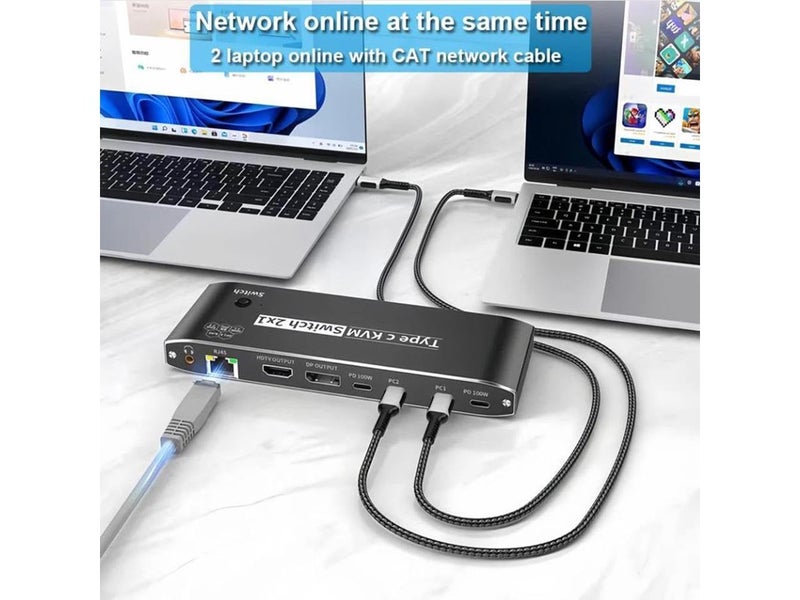 Microware مفتاح KVM نوع C 2x1، مفتاح KVM Thunderbolt 4 USB C بدقة 8K مع منفذ Ethernet RJ45 شحن 100W PD مفتاح KVM بدقة 4K 144Hz لمراقب واحد لجهازين كمبيوتر - Image 5