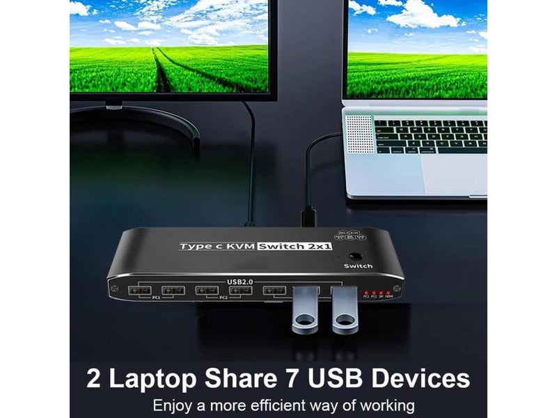 Microware مفتاح KVM نوع C 2x1، مفتاح KVM Thunderbolt 4 USB C بدقة 8K مع منفذ Ethernet RJ45 شحن 100W PD مفتاح KVM بدقة 4K 144Hz لمراقب واحد لجهازين كمبيوتر - Image 4