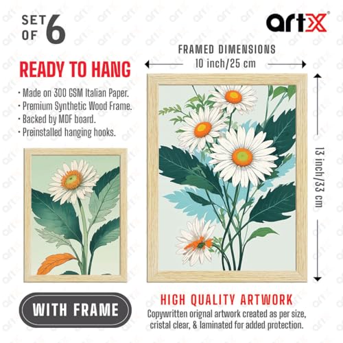 ArtX Paper Floral Art Paintings With Frame for Home Wall Decor, Wall Painting for Living Room, Multicolor, Set of 6 - Image 2